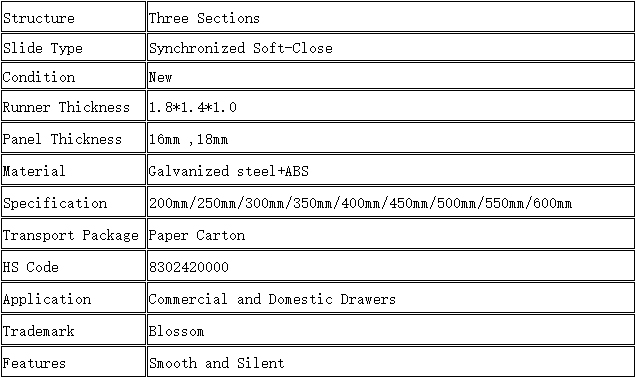 Blossom 11003 SS synchronized soft close undermount drawer slides specification, 3-section full extension concealed cabinet track parameters table, galvanized steel soft-close drawer slide dimensions